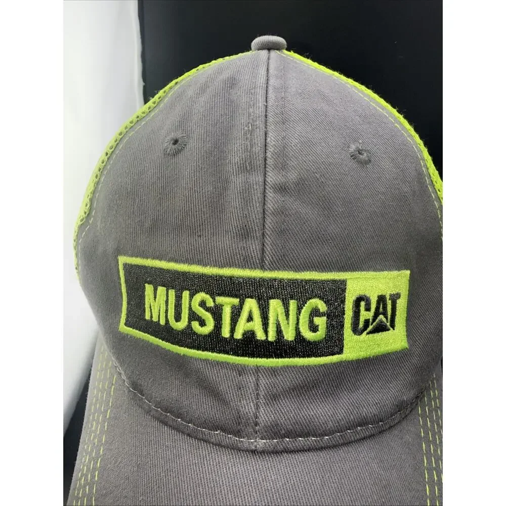 Mustang CAT Trucker Hat Gray Hi Vis Green Mesh Hook & Loop Adjustable Cap